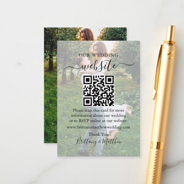 Calligraphy Wedding Website QR Overlay Foto Begleitkarte (Vorderseite/Rückseite Beispiel)