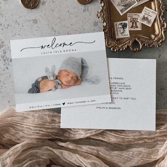 Calligraphy Welcome Photo Birth Announcement Card Dankeskarte (Von Creator hochgeladen)