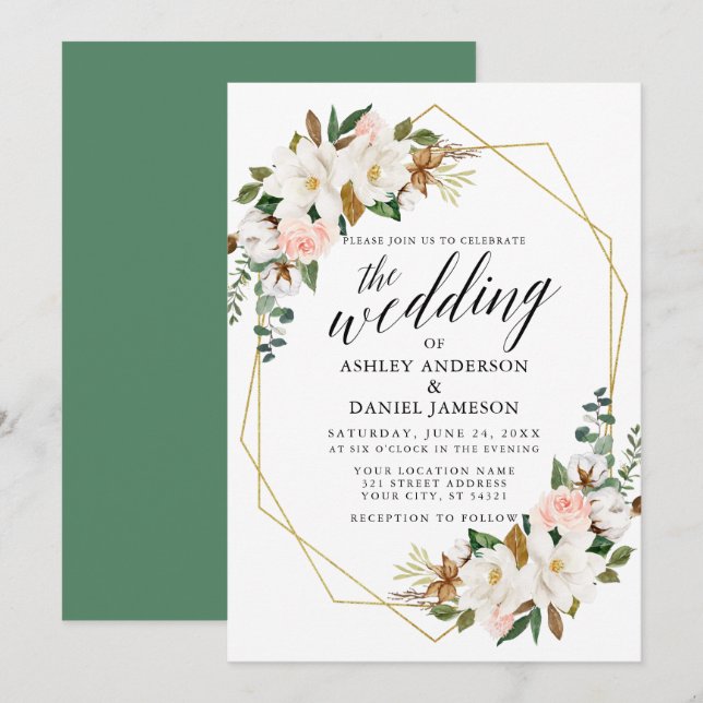 Calligraphy White Magnolias Rose Goldhochzeit Einladung (Vorne/Hinten)