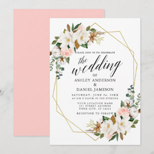 Calligraphy White Magnolias Rose Hochzeit Gold Einladung
