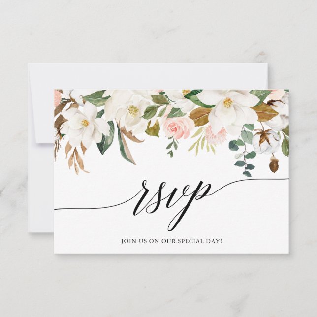 Calligraphy White Magnolias Rose Hochzeit RSVP Karte (Vorderseite)