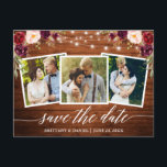Calligraphy Wood Burgundy Floral Save the Date Postkarte<br><div class="desc">Moderne Kalligraphie,  rustikales Holz und String Lights,  Aquarell Burgund Blumen Save the Date Verlobung Ankündigung Paar 3 Foto Postkarte</div>