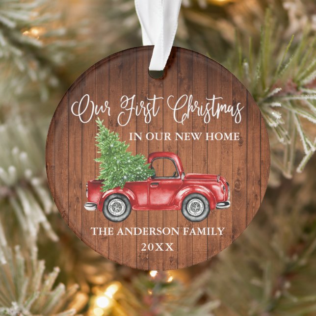 Calligraphy Wood First Christmas New Zuhause Truck Ornament (Baum)