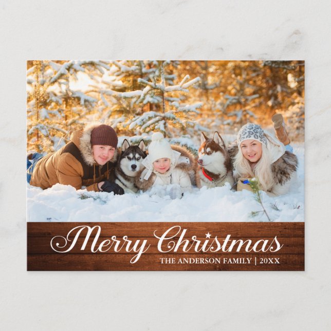 Calligraphy Wood Foto Merry Christmas Star Postkarte (Vorderseite)