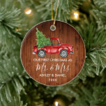 Calligraphy Wood Mr. Christmas Red Truck Keramik Ornament<br><div class="desc">Moderne Kalligraphie Drehbuch Unsere ersten Weihnachten als Mr. und Mrs. - Aquarellfarbener Vintager Truckverleih - rustikaler Holzdruck</div>