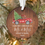 Calligraphy Wood Mr. Christmas Red Truck Ornament<br><div class="desc">Moderne Kalligraphie Drehbuch Unsere ersten Weihnachten als Mr. und Mrs. - Aquarellfarbene Vintage Truckschmuck - rustikale Landholzdruckerei</div>