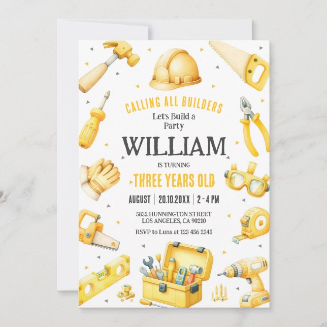 Calling All Builders Kids Boy Birthday Invitation (Devant)