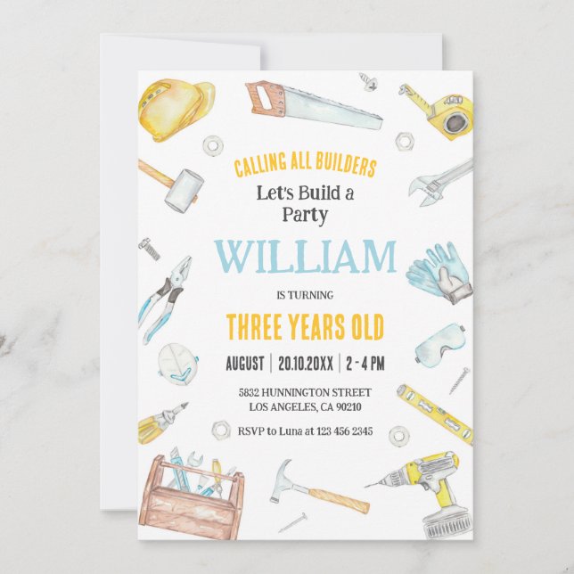 Calling All Builders Kids Boy Birthday Invitation Einladung (Vorderseite)