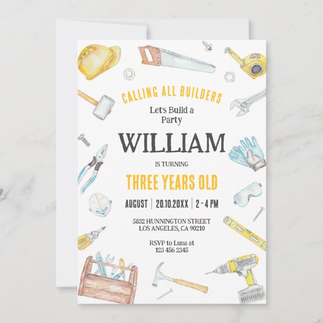 Calling All Builders Kids Boy Birthday Invitation Einladung (Vorderseite)
