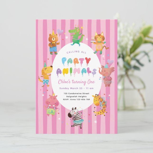 Calling All Party Animals, Cute Animals Girls Pink Einladung (Stehend Vorderseite)