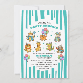 Calling All Party Animals Cute Kids' 1st Birthday  Einladung