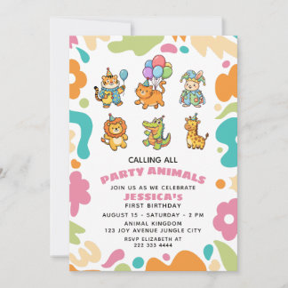 Calling All Party Animals Floral Kids 1st Birthday Einladung