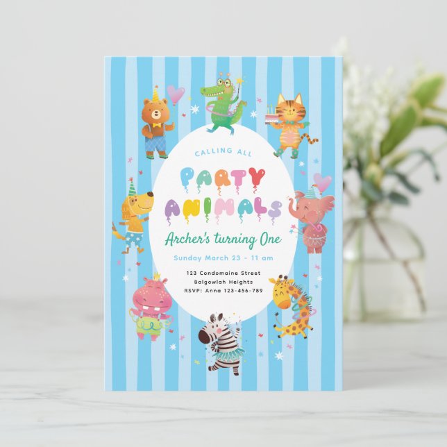 Calling All Party Animals, Kids Animal Theme Party Einladung (Stehend Vorderseite)