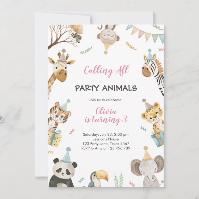 Calling All Party Animals Safari Zoo Birthday Einladung (Vorderseite)