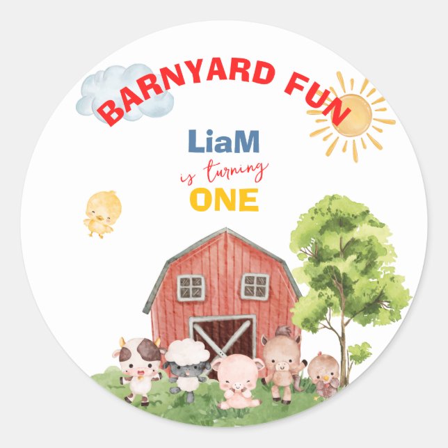 Calling All Party Farm Animals 1st Birthday Runder Aufkleber (Vorderseite)