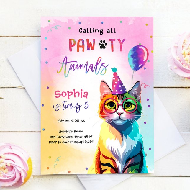 Calling All Pawty Animals Cat Kitten Girl Birthday Einladung (Von Creator hochgeladen)