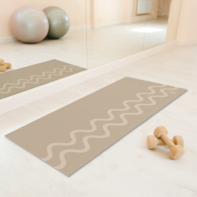 Calm Beige Modern Minimal Wavy Lines With Initials Yogamatte (Disclaimer: This image is a digital mockup.)