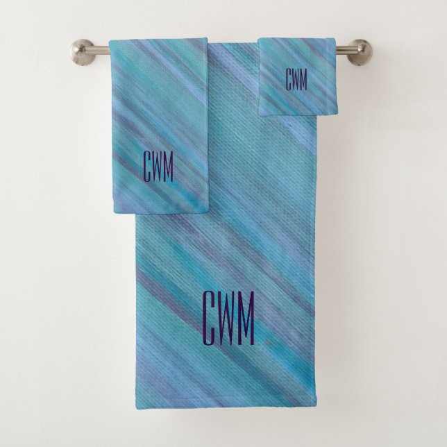 Calm Blue Abstrakt | Cooles Türkisaqua Monogramm Badhandtuch Set (Insitu)