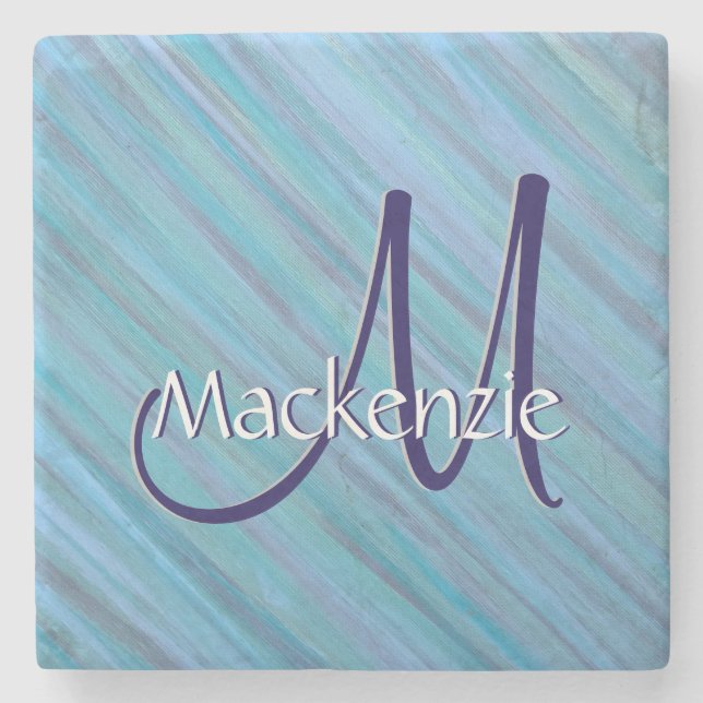 Calm Blue Abstrakt | Cooles Türkisaqua Monogramm Steinuntersetzer (Vorderseite)