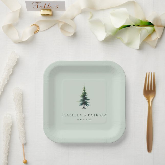Calm Muted Green Watercolor Tree Pappteller (Hochzeit)