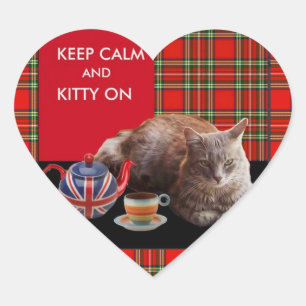"CALM UND KITTY ON BEHALTEN" ,RED TARTAN,CAT TEE-P Herz-Aufkleber