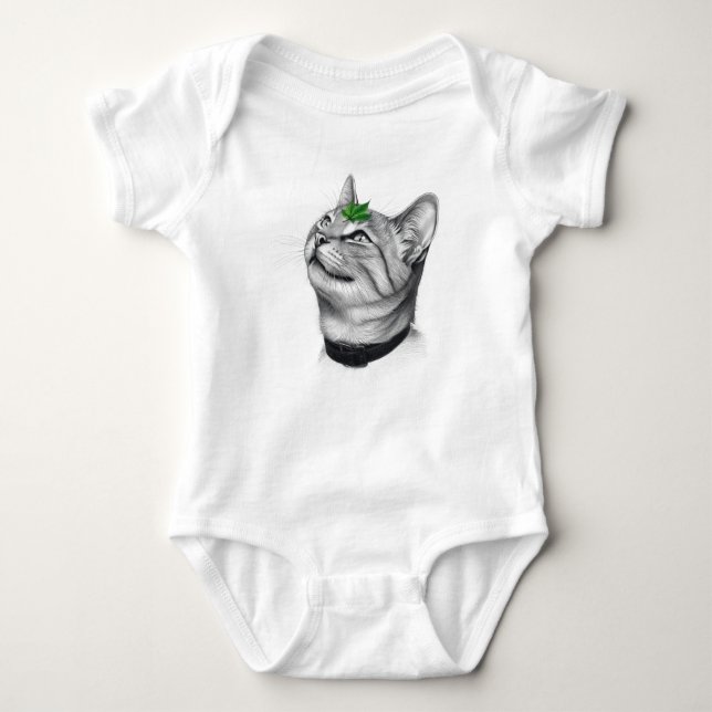 Calm White Minimal Cat Leaf Aesthetic Drawing pfp Baby Strampler (Vorderseite)