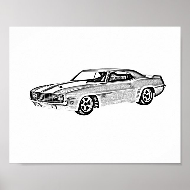 Camaro Z28 Schwarz-Weiß-Illustration Poster (Vorne)