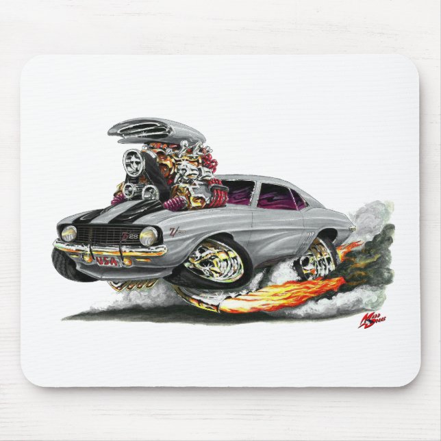 Camaro Z28 Silber-Schwarzes Auto 1969 Mousepad (Vorne)