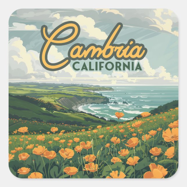 Cambria California Poppies Blume Pazifikküste Quadratischer Aufkleber (Vorderseite)