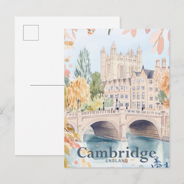 Cambridge England Aquarell Travel Illustration Postkarte (Vorne/Hinten)