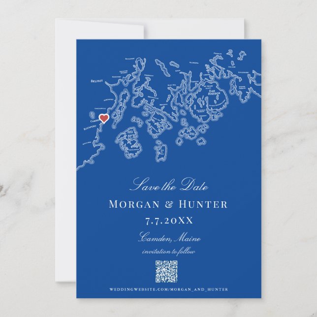 Camden Maine Map Eleganter QR-Code Save The Date (Vorderseite)