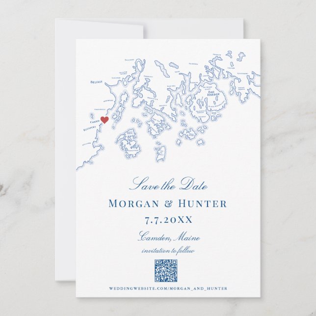 Camden Maine Map Eleganter QR-Code Save The Date (Vorderseite)