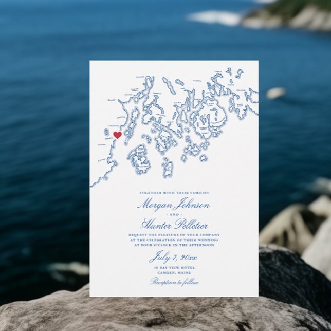 Camden Maine Penobscot Bay Carte Mariage élégant (Camden Maine Map Wedding Invitations with Elegant Navy Blue Penobscot Bay Map )