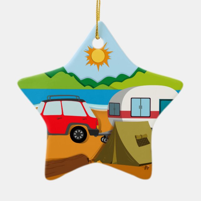 Cameground mit Zelt und Wohnwagen Keramik Ornament (Vorne)