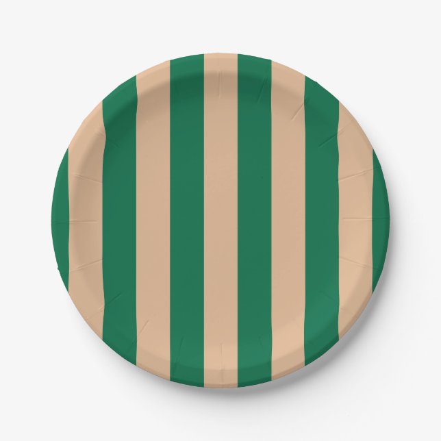 Camel Beige & Classic Green Stripe Pappteller (Vorderseite)