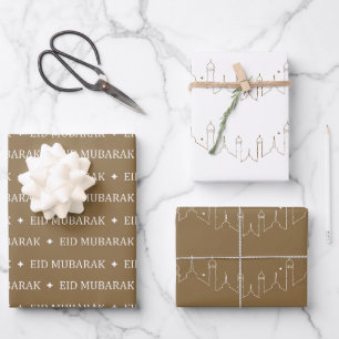 Camel Brown Eid Mubarak Masjid Muster Design Geschenkpapier Set