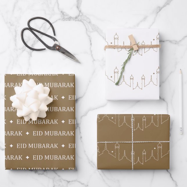 Camel Brown Eid Mubarak Masjid Muster Design Geschenkpapier Set (Vorderseite)