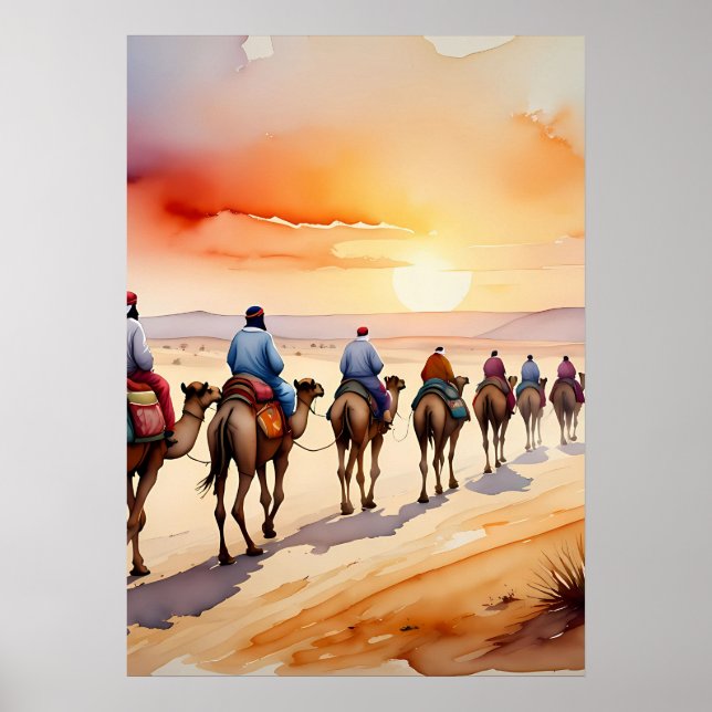 Camel Caravan in der Wüste, Boho Reiselandschaft Poster (Vorne)
