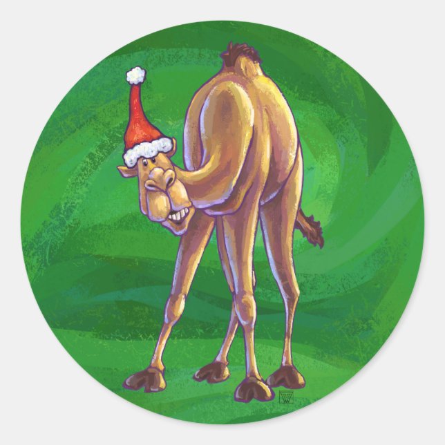 Camel Christmas auf Green Runder Aufkleber (Vorderseite)