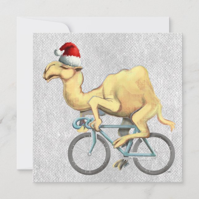 Camel Fahrradfahren in der Weihnachtsmannmütze Feiertagskarte (Vorderseite)