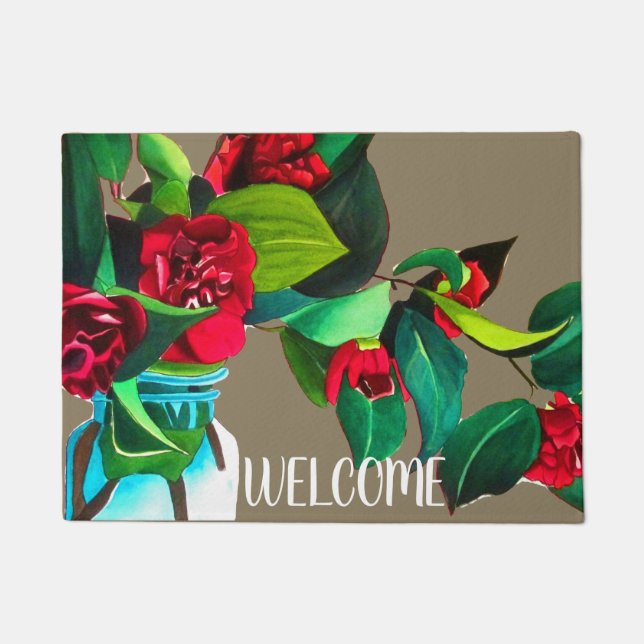 Camellia Blume Aquarellkunst Willkommensmappe Fußmatte (Vorderseite)