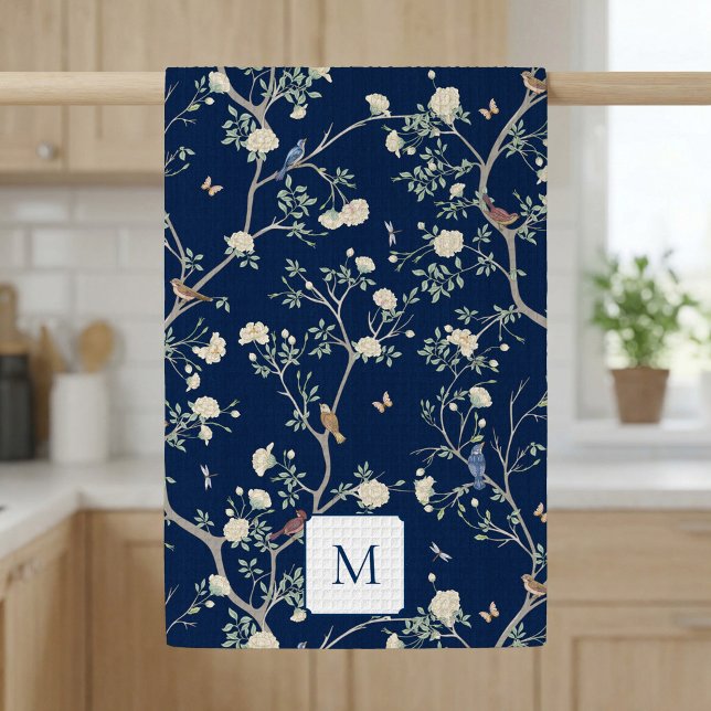 Camellia Garden Navy Blau Monogrammiert  Geschirrtuch (Camellia Garden Navy Kitchen Towel)