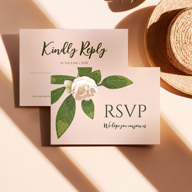 Camellia und Grüne Einfache Elegante RSVP Karte (Camellia and Greenery Simple Elegant Save the Date RSVP Card)