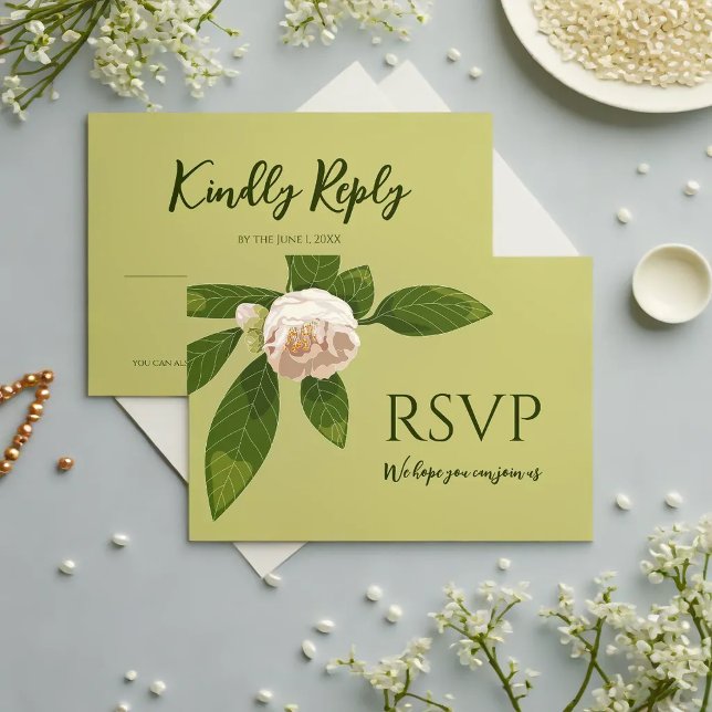 Camellia und Grüne Einfache Elegante RSVP Karte (Camellia and Greenery Simple Elegant Save the Date RSVP Card)