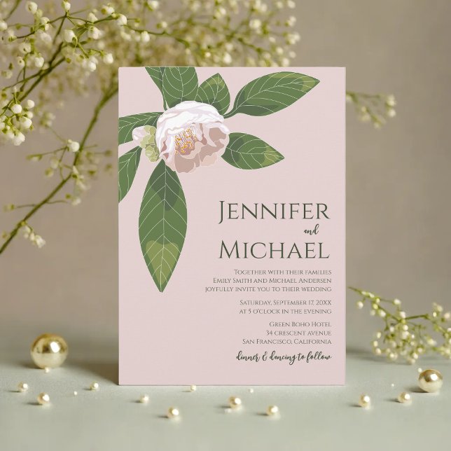 Camellia und Grüne Einfache Hochzeit Einladung (Camellia and Greenery Simple Elegant Wedding Invitation)