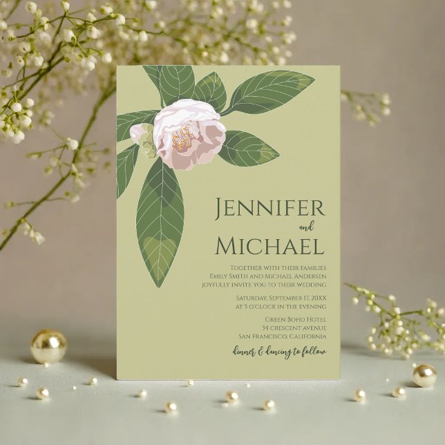 Camellia und Grüne Einfache Hochzeit Einladung (Camellia and Greenery Simple Elegant Wedding Invitation)