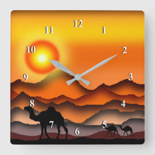 Camels at Sunset Desert Wall Clock - Painting Art Quadratische Wanduhr