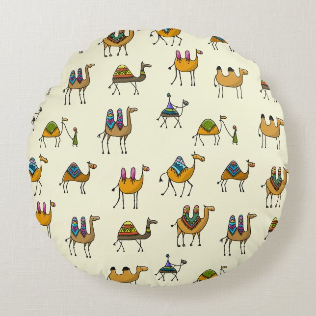 Camels Caravan Dekoration Nahtloses Muster Rundes Kissen (Vorderseite)