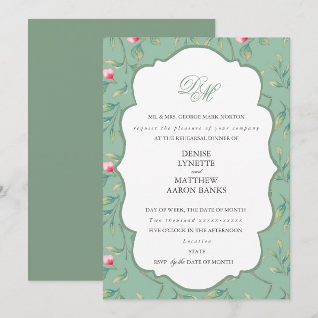Cameo Green und Basil Green Probe Dinner Einladung (Vorne/Hinten)