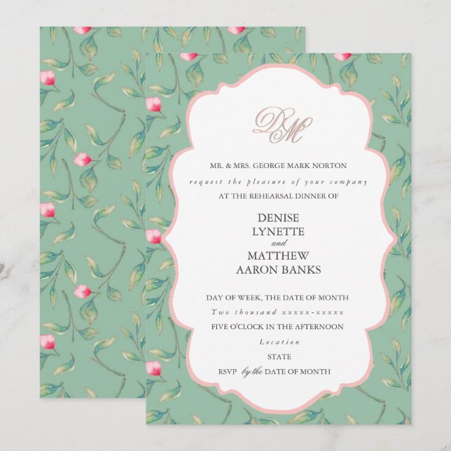 Cameo Green und Gossamer Pink Probe Dinner Einladung (Vorne/Hinten)